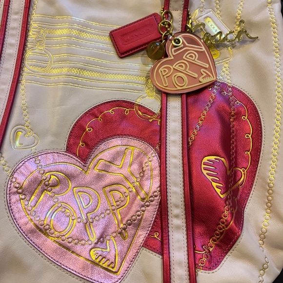COACH Poppy Metallic Fuchsia Pink Hearts Glam Tote - Picture 3 of 5